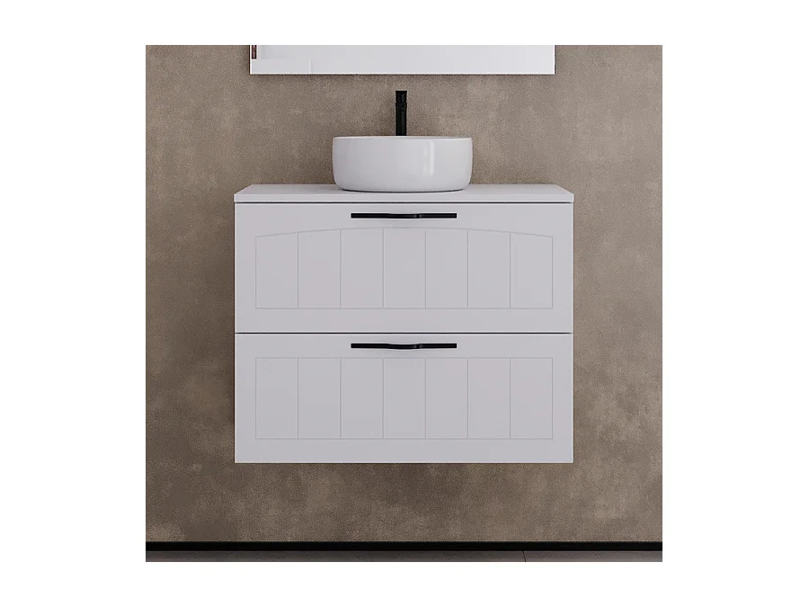 Meuble de salle de bain 60cm avec plateau et vasque à poser ronde - 2 tiroirs - blanc - PIA