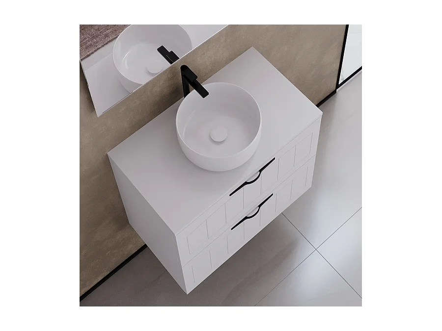 Meuble de salle de bain 60cm avec plateau et vasque à poser ronde - 2 tiroirs - blanc - PIA