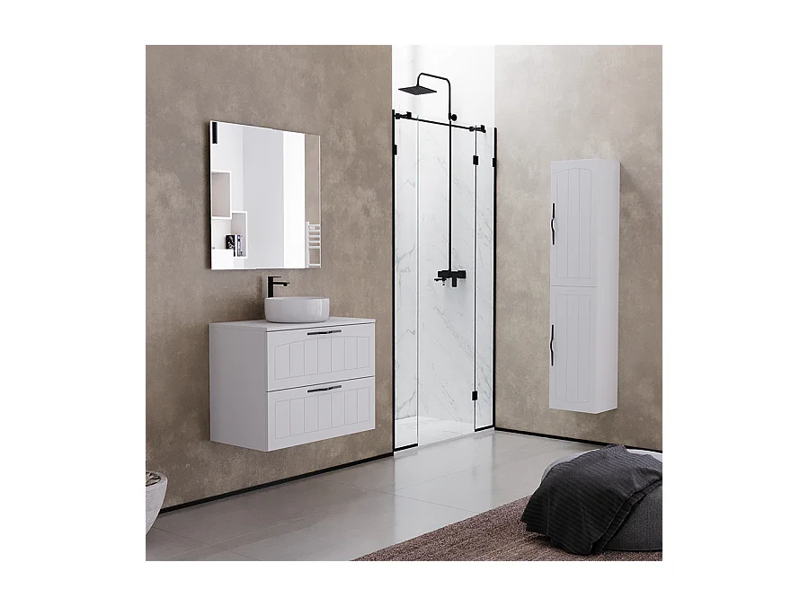 Meuble de salle de bain 60cm avec plateau et vasque à poser ronde - 2 tiroirs - blanc - PIA