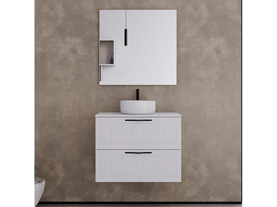 Meuble de salle de bain 60cm avec plateau et vasque à poser ronde - 2 tiroirs - blanc - PIA