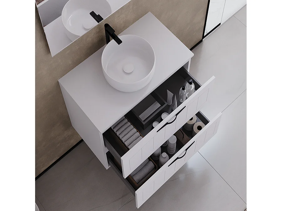 Meuble de salle de bain 60cm avec plateau et vasque à poser ronde - 2 tiroirs - blanc - PIA
