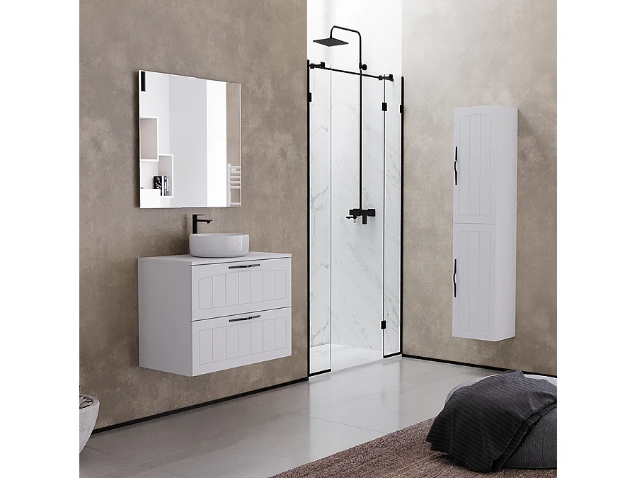 Meuble de salle de bain 60cm avec plateau et vasque à poser ronde - 2 tiroirs - blanc - PIA