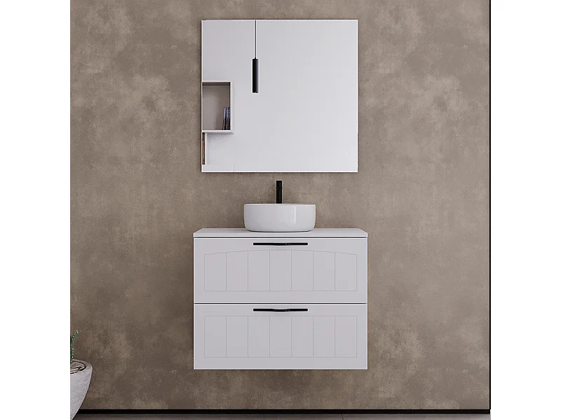 Meuble de salle de bain 60cm avec plateau et vasque à poser ronde - 2 tiroirs - blanc - PIA