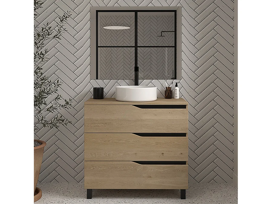 Meuble de salle de bain 80 avec plateau et vasque à poser - 3 tiroirs - madera miel (bois clair) - MATA