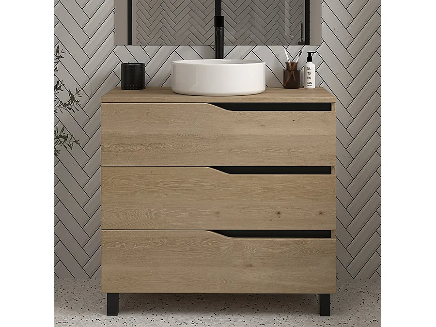 Meuble de salle de bain 80 avec plateau et vasque à poser - 3 tiroirs - madera miel (bois clair) - MATA