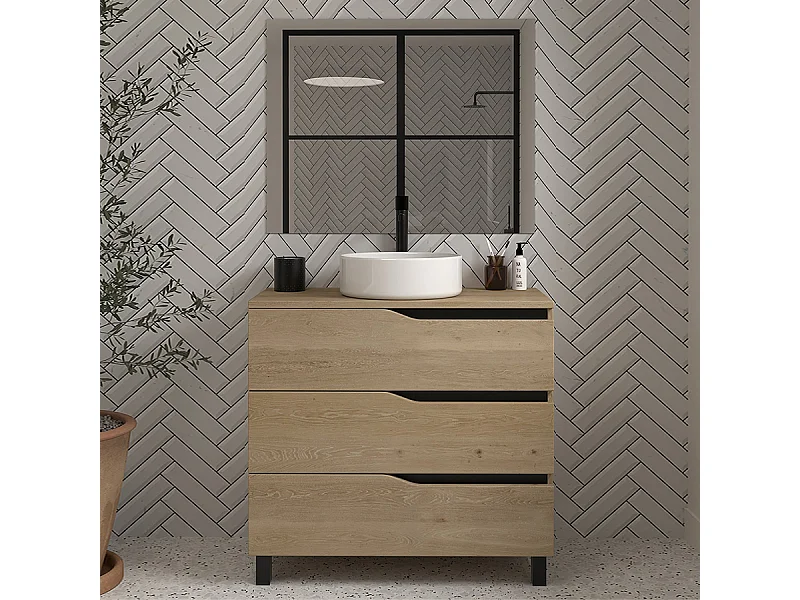 Meuble de salle de bain 80 avec plateau et vasque à poser - 3 tiroirs - madera miel (bois clair) - MATA