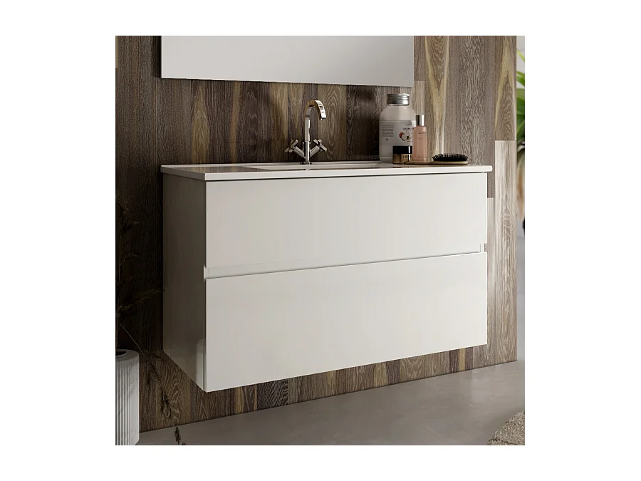 Meuble de salle de bain simple vasque - 2 tiroirs - MIG et miroir Led STAM - blanc - 60cm