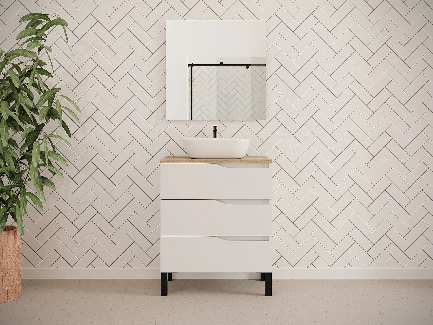 Meuble de salle de bain 70cm avec plateau miel et vasque à poser zeus - 3 tiroirs - sans miroir - blanc - MATA