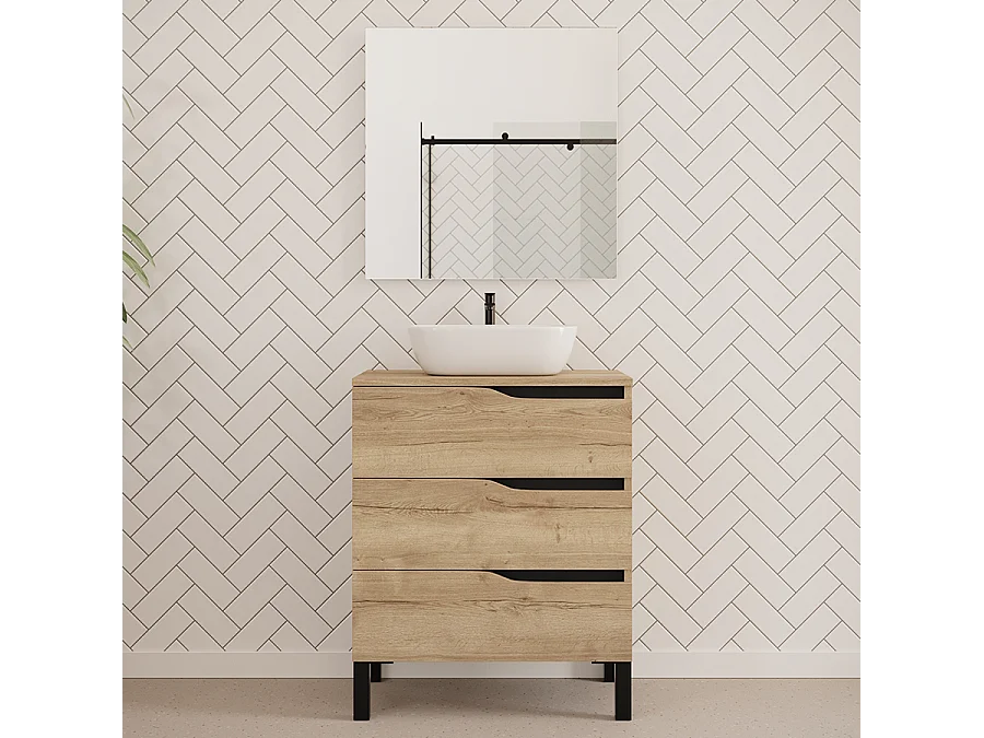 Meuble de salle de bain 70cm avec plateau miel et vasque à poser zeus - 3 tiroirs - sans miroir - blanc - MATA