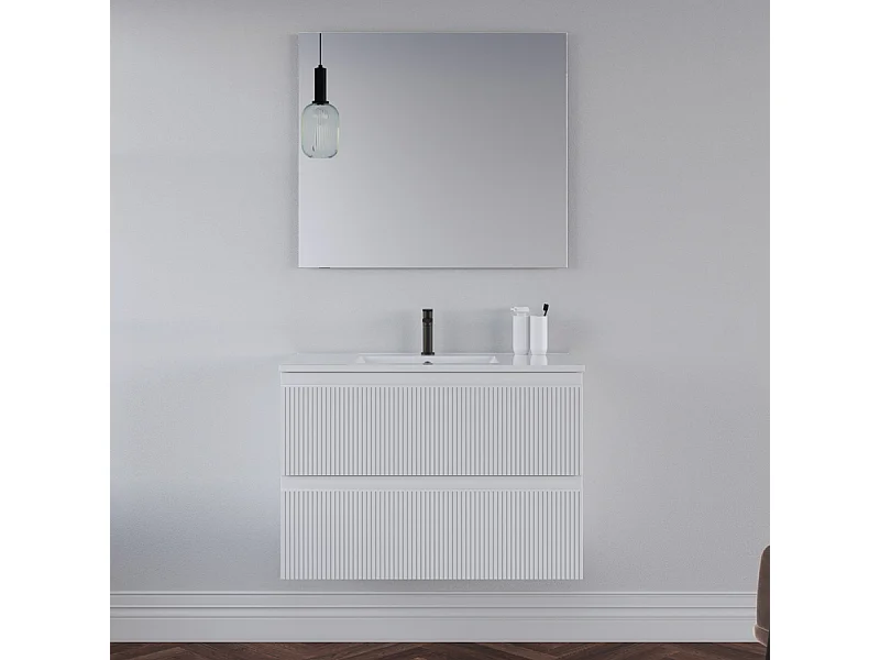 Meuble de salle de bain 80cm avec plan simple vasque - 2 tiroirs - blanc - RIBERA