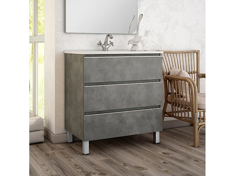 Meuble de salle de bain 80cm simple vasque - 3 tiroirs - sans miroir - PALMA - ciment (gris)