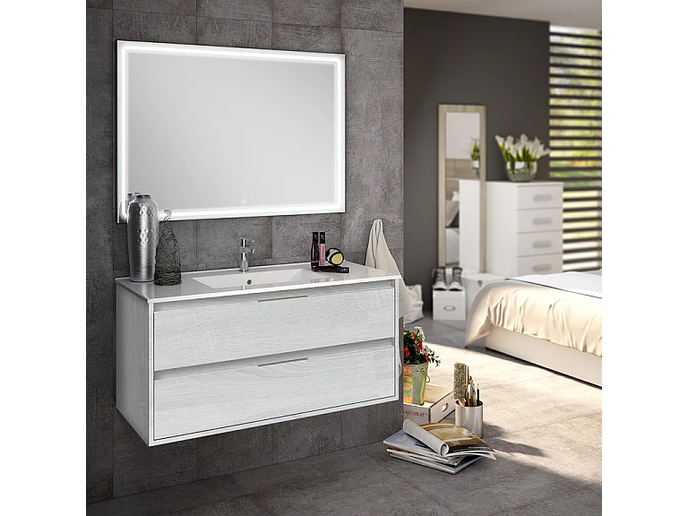 Meuble de salle de bain simple vasque - 2 tiroirs - IRIS et miroir Led VELDI - hibernian (bois blanchi) - 100cm