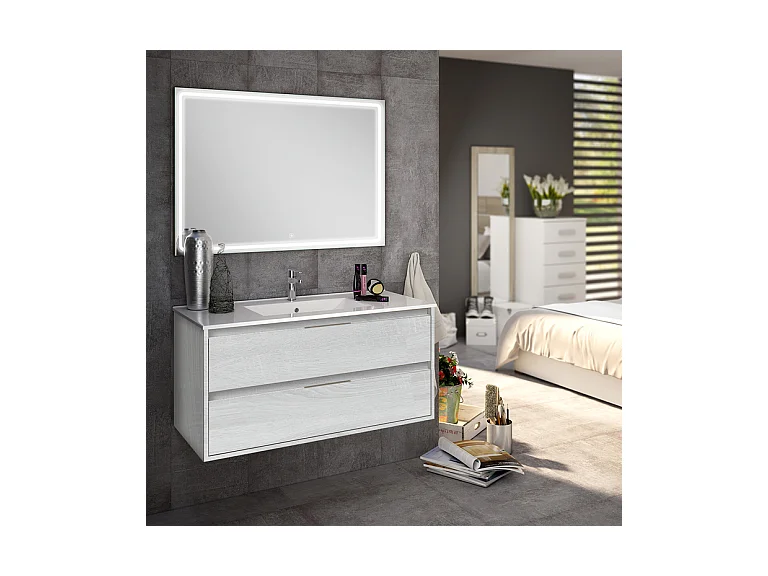 Meuble de salle de bain simple vasque - 2 tiroirs - IRIS et miroir Led VELDI - hibernian (bois blanchi) - 100cm
