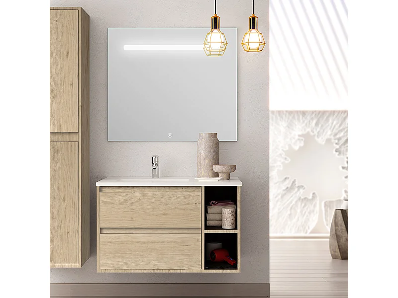 Meuble de salle de bain vasque déportée 2 tiroirs OLYMPE et miroir Led STAM - cambrian (chêne) - 80cm