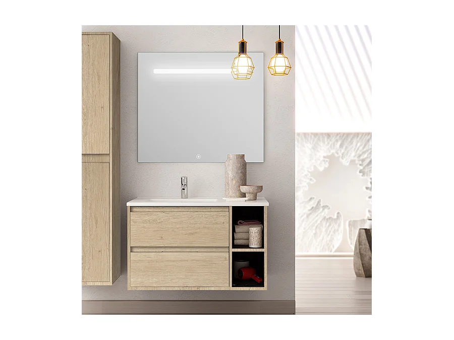 Meuble de salle de bain vasque déportée 2 tiroirs OLYMPE et miroir Led STAM - cambrian (chêne) - 80cm