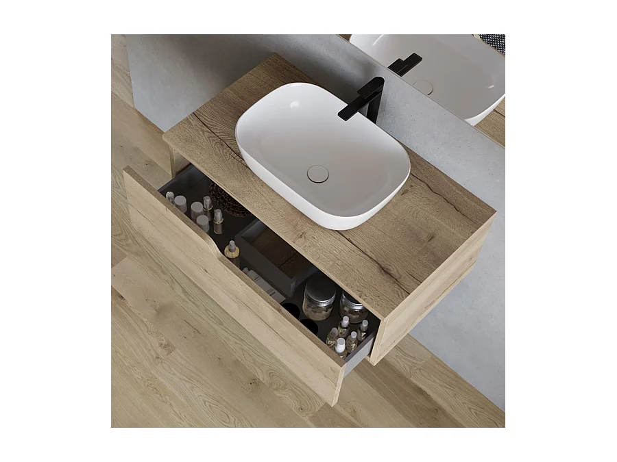 Meuble de salle de bain 80cm avec vasque à poser arrondie - sans miroir - 1 tiroir - madera miel (chêne clair) - CADIX