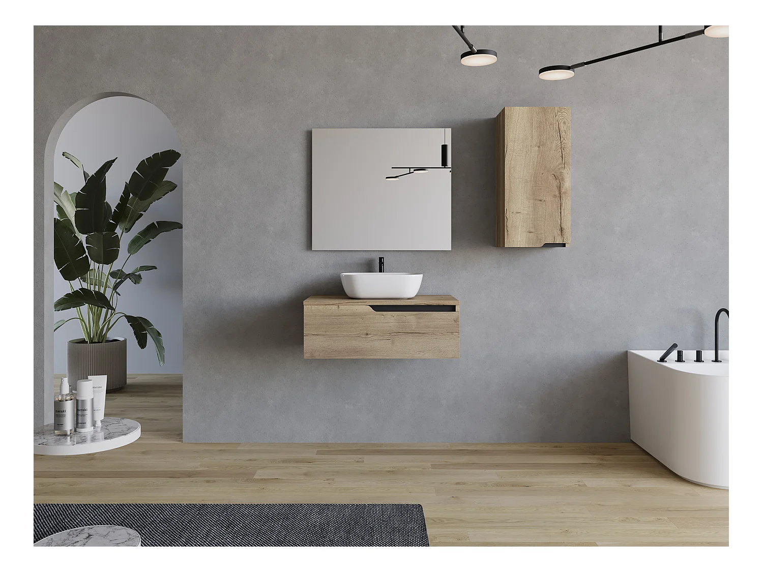 Meuble de salle de bain 80cm avec vasque à poser arrondie - sans miroir - 1 tiroir - madera miel (chêne clair) - CADIX