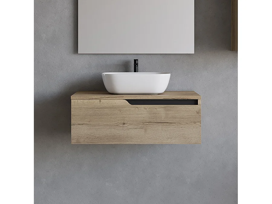 Meuble de salle de bain 80cm avec vasque à poser arrondie - sans miroir - 1 tiroir - madera miel (chêne clair) - CADIX