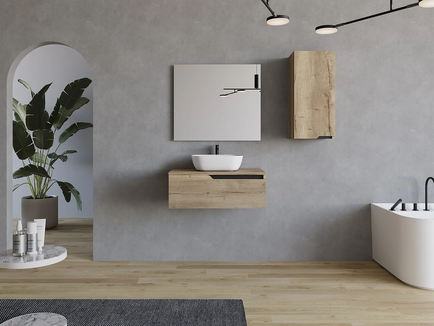 Meuble de salle de bain 80cm avec vasque à poser arrondie - sans miroir - 1 tiroir - madera miel (chêne clair) - CADIX