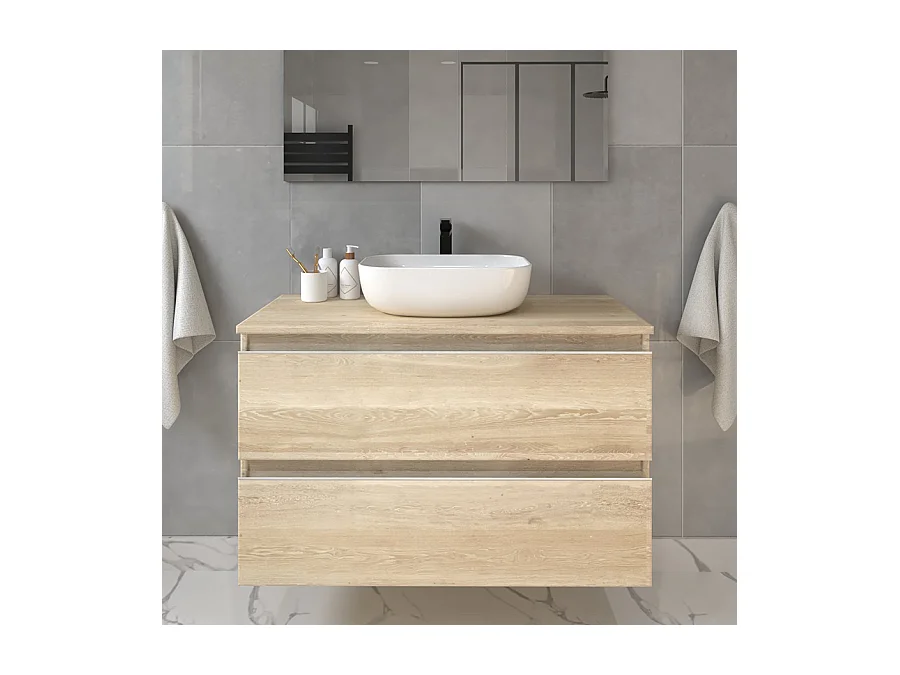 Meuble de salle de bain sans miroir avec vasque à poser arrondie BALEA - Bambou (chêne clair) - 80cm
