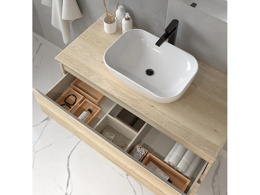 Meuble de salle de bain sans miroir avec vasque à poser arrondie BALEA - Bambou (chêne clair) - 80cm
