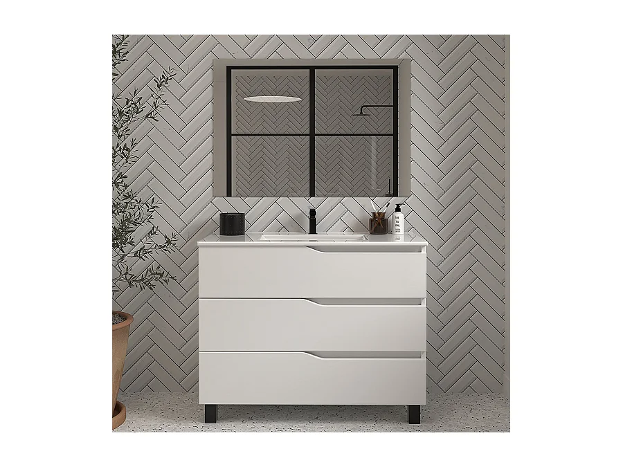 Meuble de salle de bain 100cm simple vasque - 3 tiroirs - blanc - MATA