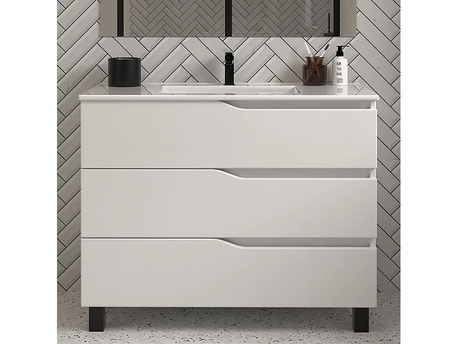 Meuble de salle de bain 100cm simple vasque - 3 tiroirs - blanc - MATA