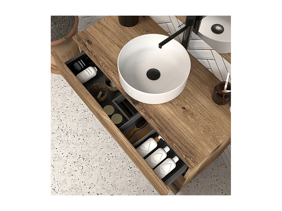 Meuble de salle de bain 90cm avec plateau et vasque à poser - 3 tiroirs - sans miroir - tabaco (chêne foncé) - MATA