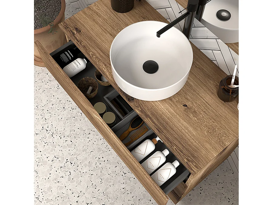Meuble de salle de bain 90cm avec plateau et vasque à poser - 3 tiroirs - sans miroir - tabaco (chêne foncé) - MATA