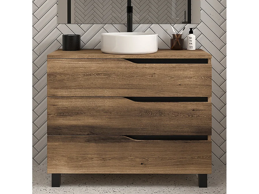Meuble de salle de bain 90cm avec plateau et vasque à poser - 3 tiroirs - sans miroir - tabaco (chêne foncé) - MATA