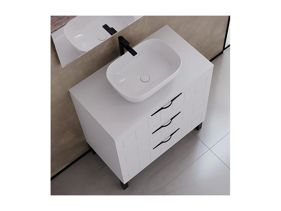 Meuble de salle de bain 70cm avec plateau et vasque à poser ovale - 3 tiroirs - sans miroir - blanc - CALA