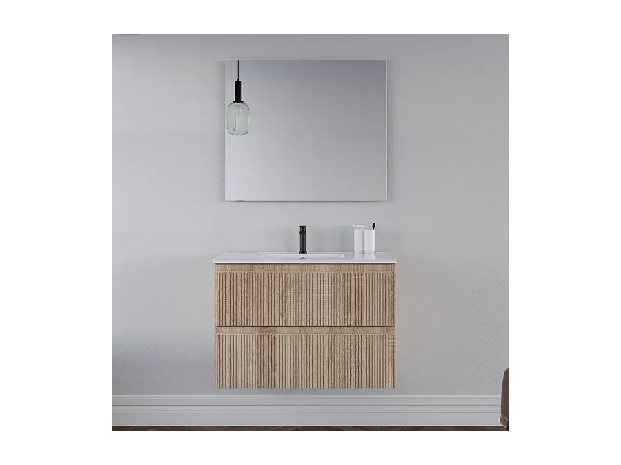 Meuble de salle de bain 70cm avec plan simple vasque - 2 tiroirs - cambrian (chêne clair) - RIBERA