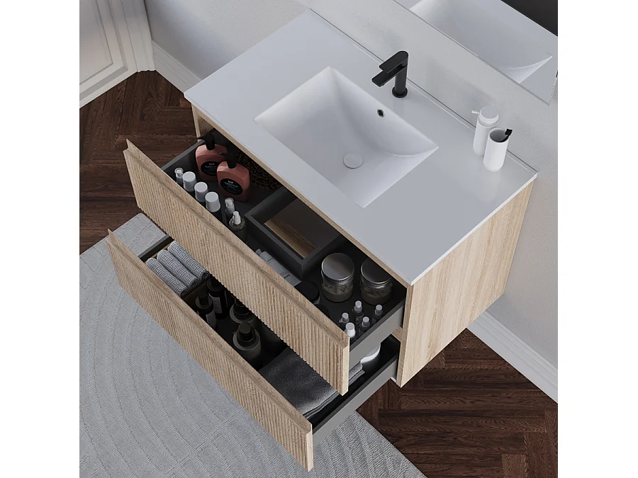 Meuble de salle de bain 70cm avec plan simple vasque - 2 tiroirs - cambrian (chêne clair) - RIBERA