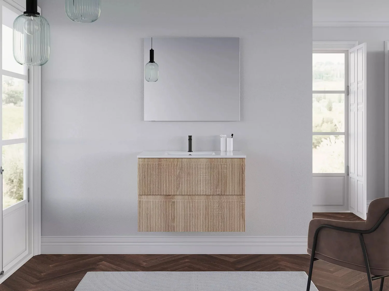 Meuble de salle de bain 70cm avec plan simple vasque - 2 tiroirs - cambrian (chêne clair) - RIBERA