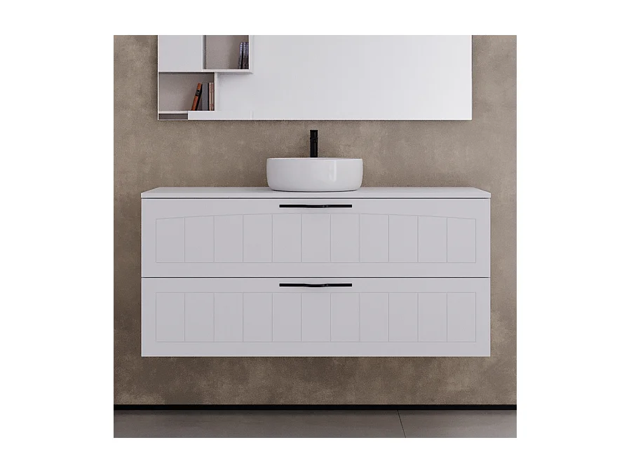 Meuble de salle de bain 120cm avec plateau et une vasque à poser ronde - 2 tiroirs - blanc - PIA