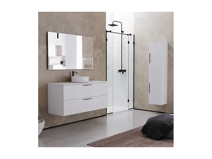Meuble de salle de bain 120cm avec plateau et une vasque à poser ronde - 2 tiroirs - blanc - PIA