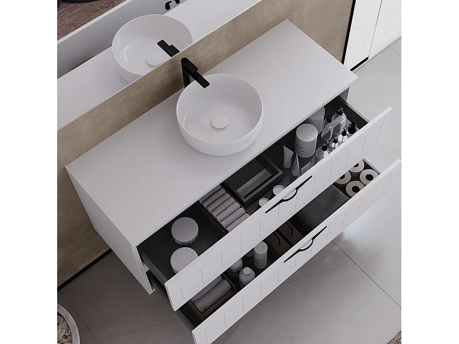 Meuble de salle de bain 120cm avec plateau et une vasque à poser ronde - 2 tiroirs - blanc - PIA