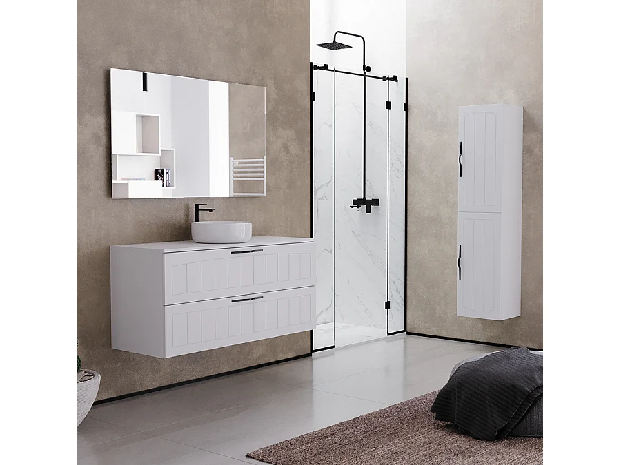 Meuble de salle de bain 120cm avec plateau et une vasque à poser ronde - 2 tiroirs - blanc - PIA