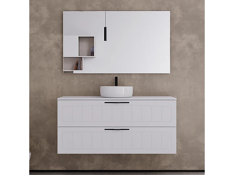 Meuble de salle de bain 120cm avec plateau et une vasque à poser ronde - 2 tiroirs - blanc - PIA