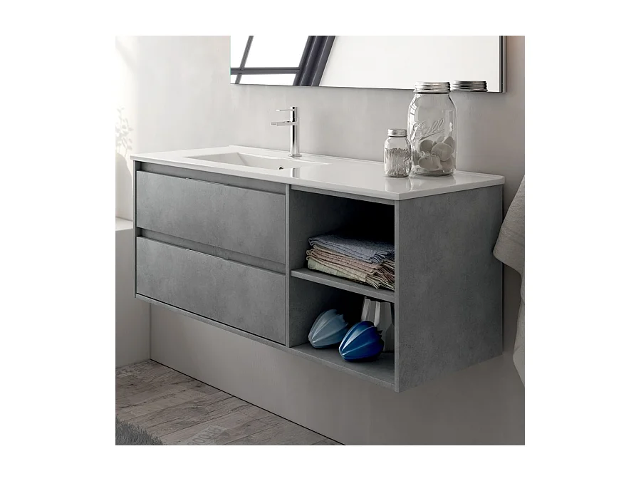 Meuble de salle de bain 120cm vasque déportée - 2 tiroirs et 2 niches - OLYMPE - ciment (gris)