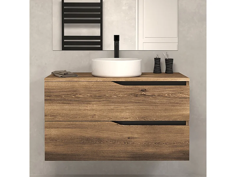 Meuble de salle de bain 80 avec plateau et vasque à poser - sans miroir - 2 tiroirs - tabaco (bois foncé) - LUNA