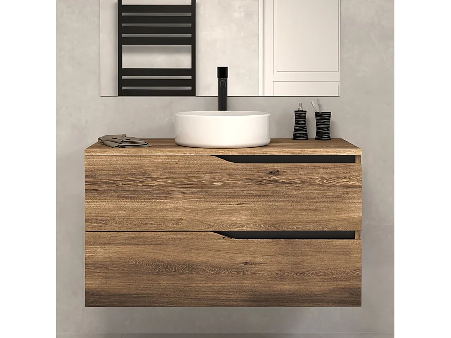 Meuble de salle de bain 80 avec plateau et vasque à poser - sans miroir - 2 tiroirs - tabaco (bois foncé) - LUNA