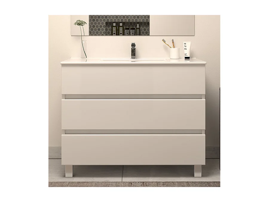 Meuble de salle de bain 100cm simple vasque - sans miroir - 3 tiroirs - blanc - MAYOR