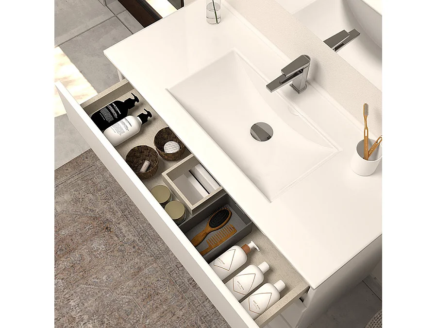 Meuble de salle de bain 100cm simple vasque - sans miroir - 3 tiroirs - blanc - MAYOR