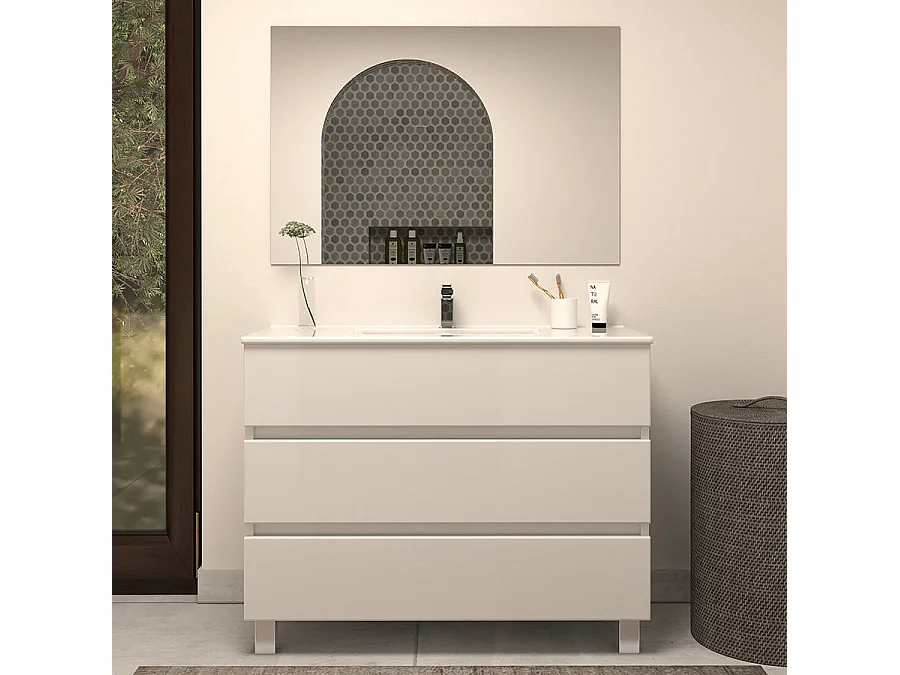 Meuble de salle de bain 100cm simple vasque - sans miroir - 3 tiroirs - blanc - MAYOR