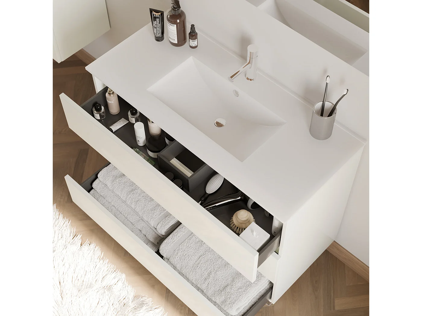 Meuble de salle de bain 100cm simple vasque - sans miroir - 3 tiroirs - blanc - MAYOR