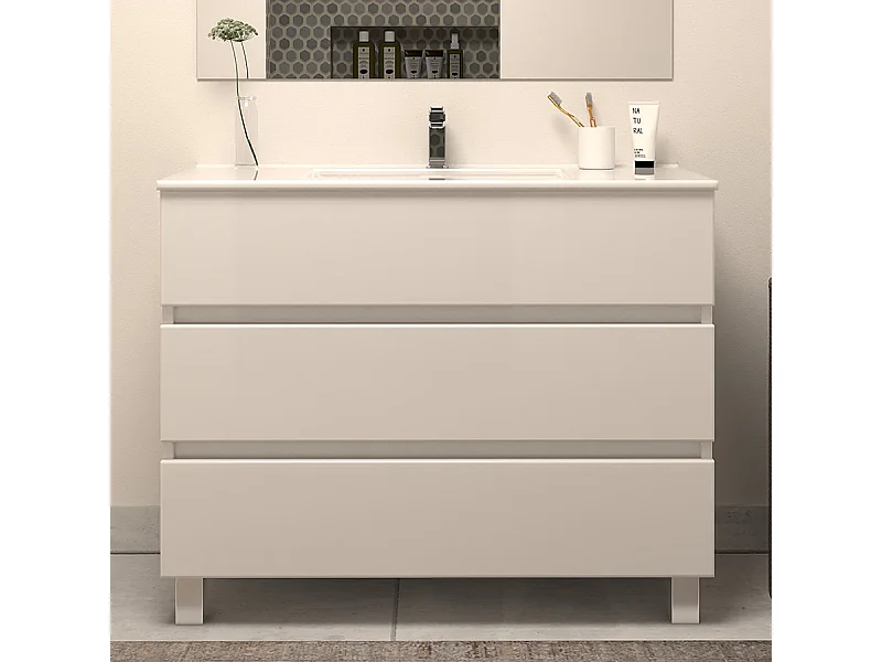 Meuble de salle de bain 100cm simple vasque - sans miroir - 3 tiroirs - blanc - MAYOR