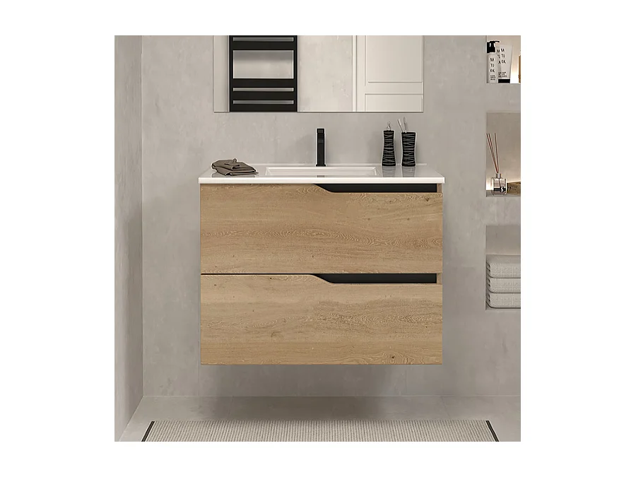 Meuble de salle de bain 60cm simple vasque - sans miroir - 2 tiroirs - madera miel (bois clair) - LUNA