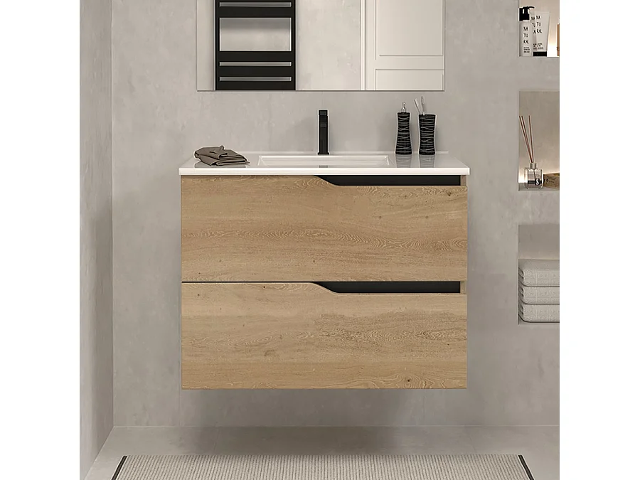 Meuble de salle de bain 60cm simple vasque - sans miroir - 2 tiroirs - madera miel (bois clair) - LUNA