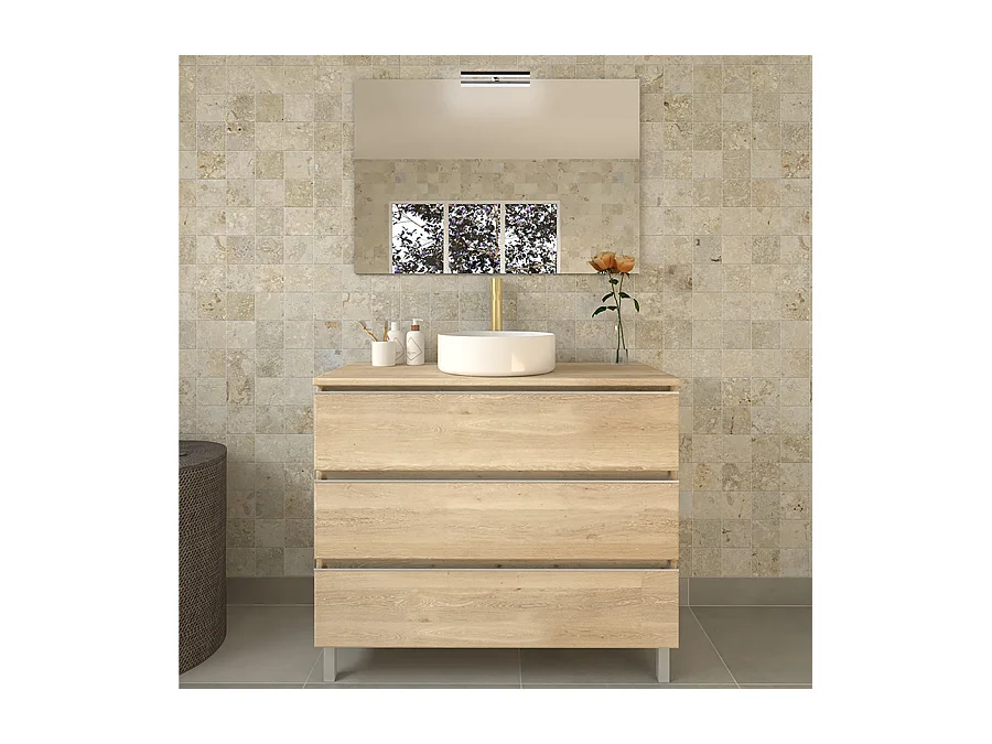 Meuble de salle de bain 3 tiroirs avec vasque à poser ronde et miroir avec applique PALMA - Bambou (chêne clair) - 100cm